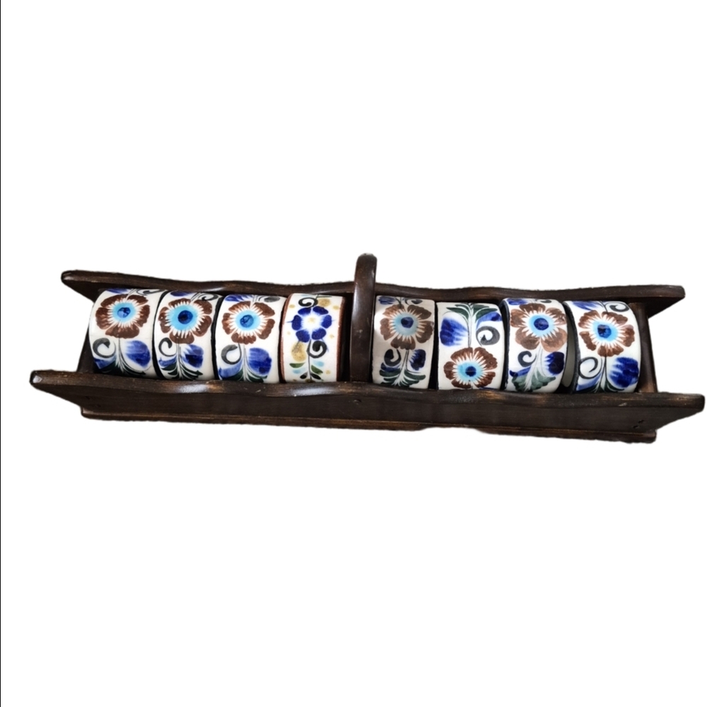 Floral Ceramic Mexican Tonala Napkin Rings with Wooden Caddie - Picture 1 of 9